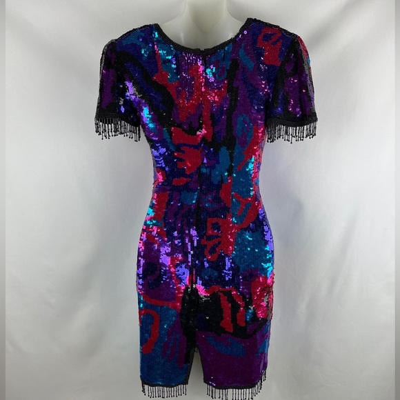 Sean Collection Sequin Beaded Mini Bodycon Fringe Pink Blue Purple Dress Size S - Picture 7 of 15
